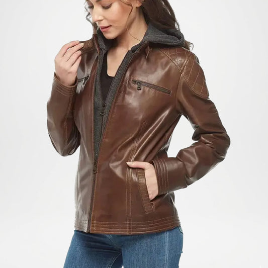 Brown leather jacket worn by a person on a white background