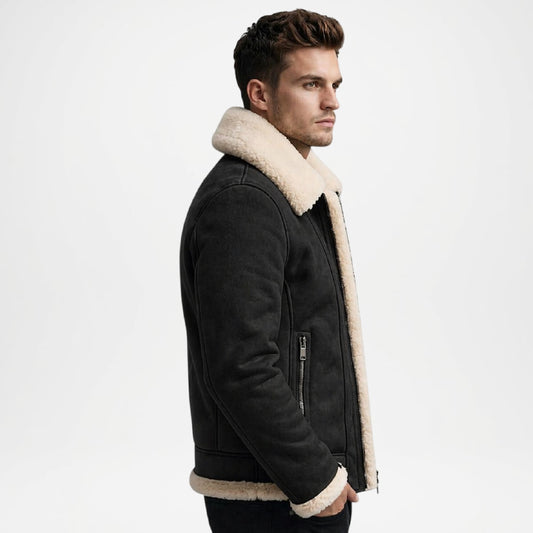 Black Shearling Leather Jacket Men Aviator Style
