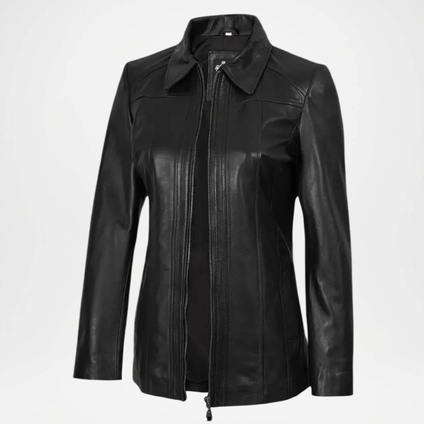 Black leather jacket front side women