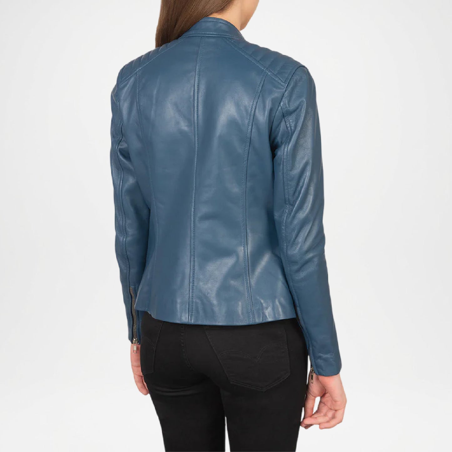 Blue Leather Biker Jacket for Women