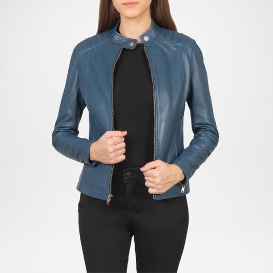Blue Leather Biker Jacket for Women