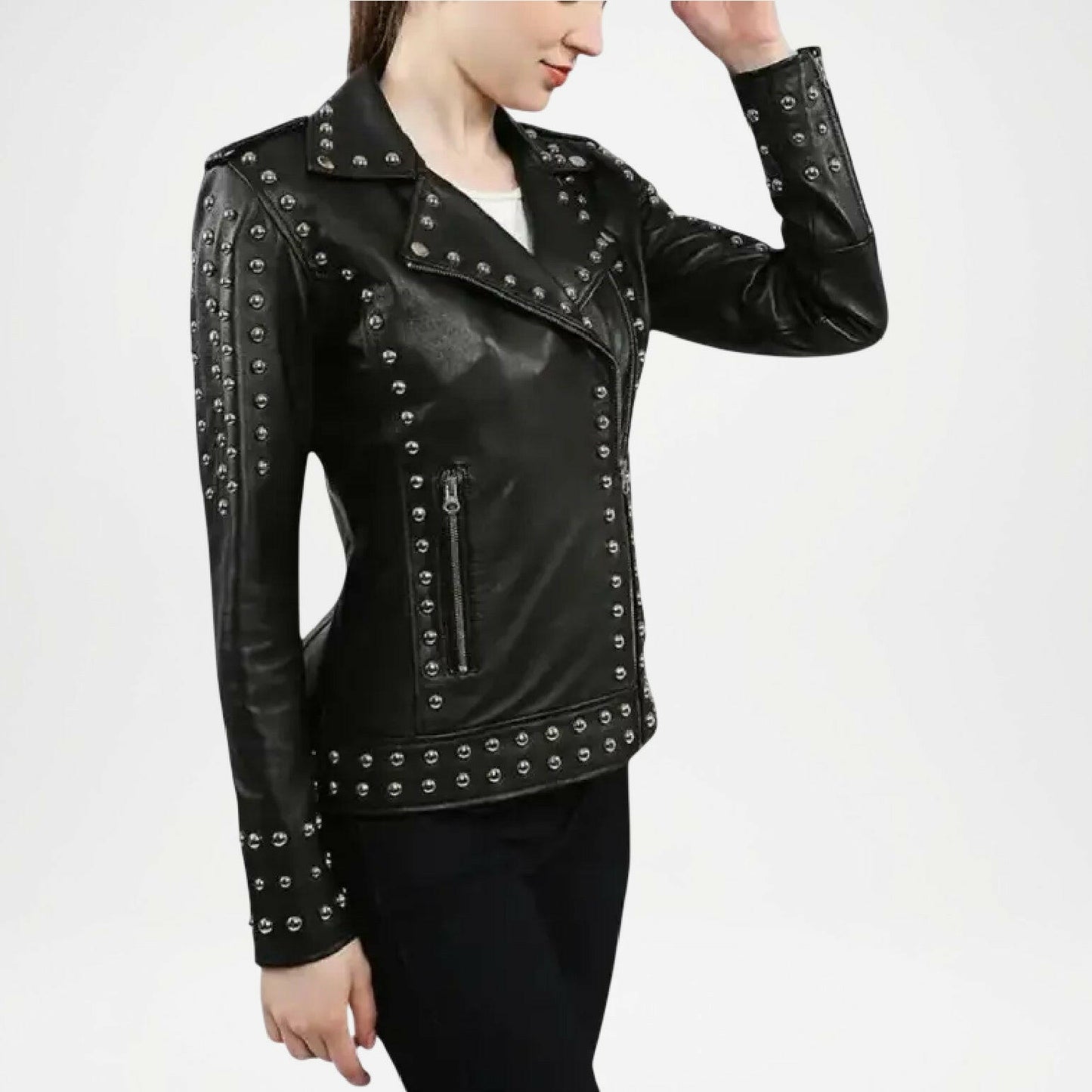 Black Studded Leather Biker Jacket for Women