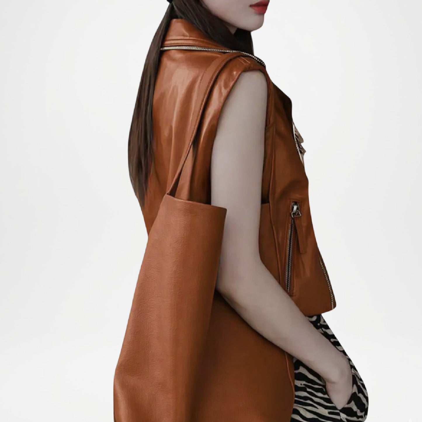 Brown leather vest worn by a person on a white background