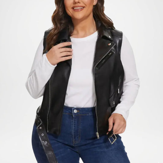 Belted Moto Fashion Style Women’s Black Leather Vest