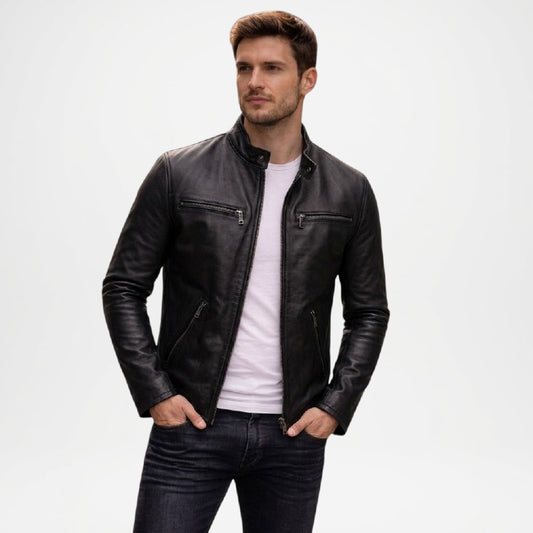 Black Leather Biker Jacket Mens Ionic Style