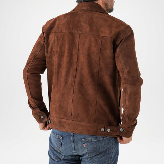 Chocolate Brown Suede Trucker Jacket for Men