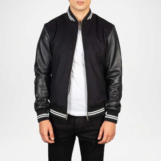 black letterman jacket with leather sleeves