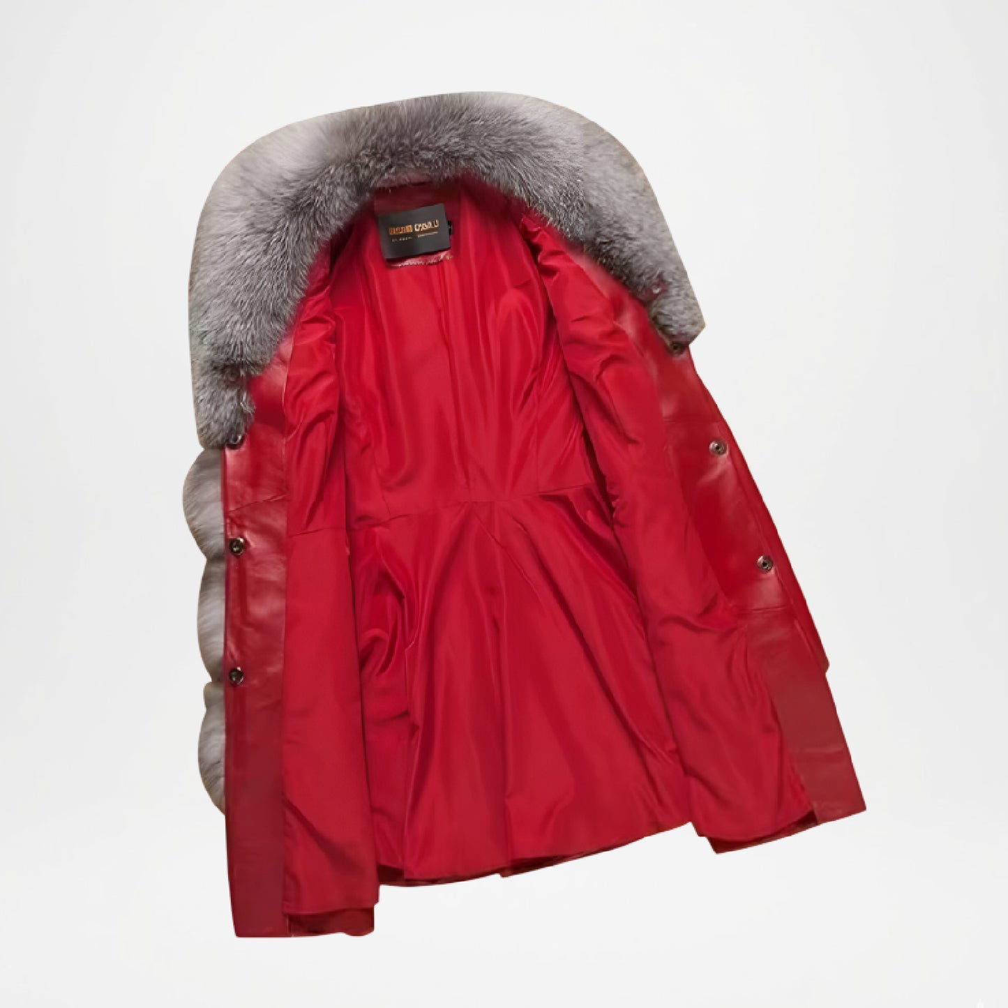 Red parka coat with gray fur hood on a white background