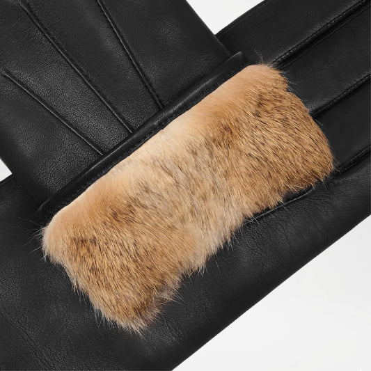 Francesca Black Italian Lambskin Leather Gloves with Rabbit Fur Lining