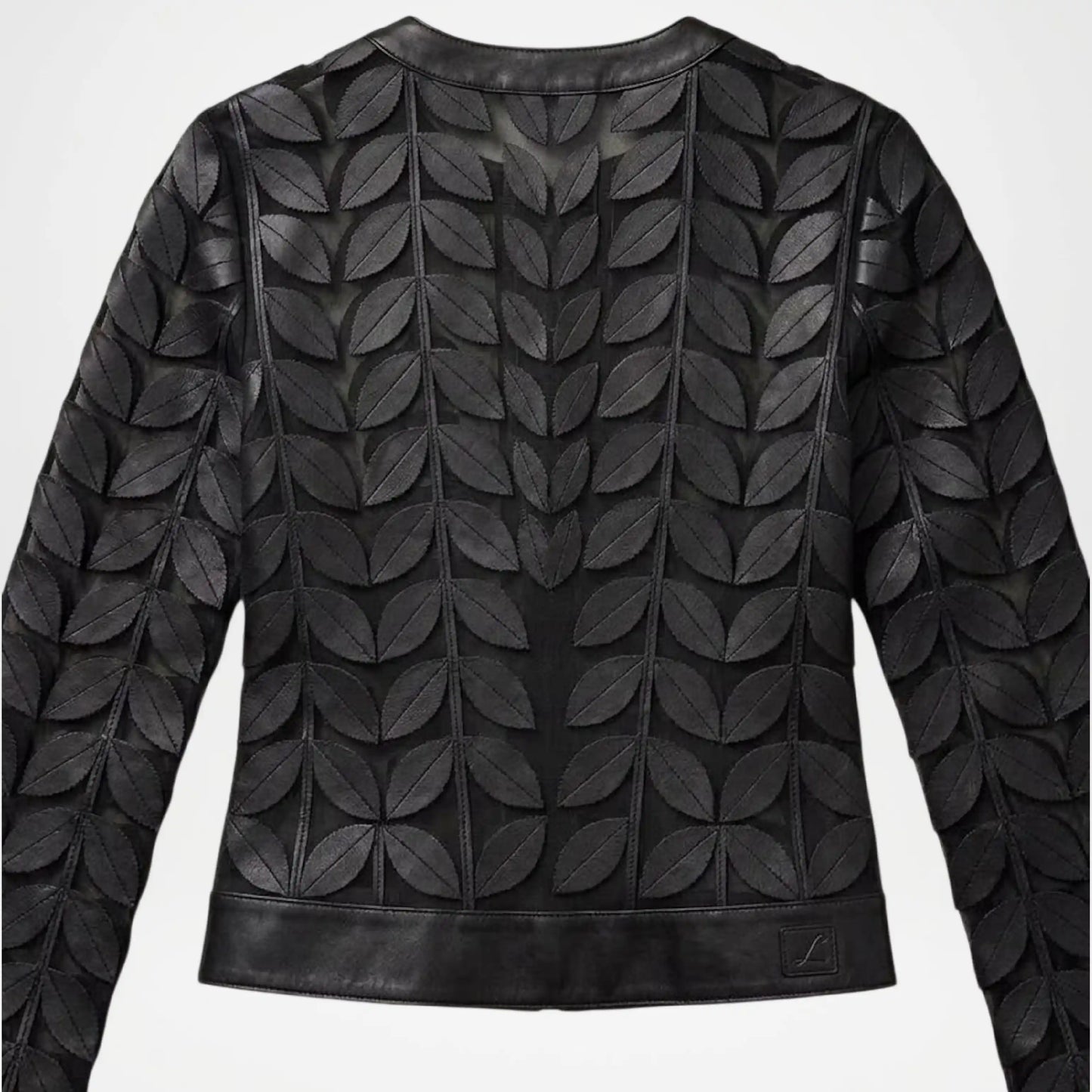 Black Leather Leaf Applique Jacket for Women