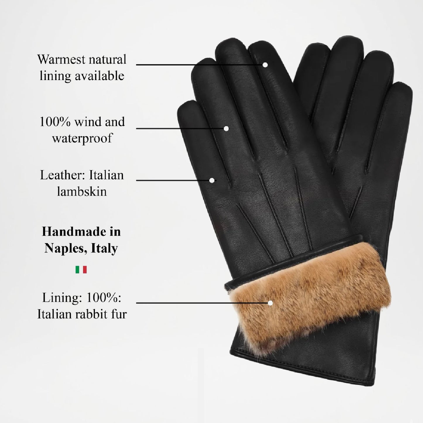 Francesca Black Italian Lambskin Leather Gloves with Rabbit Fur Lining