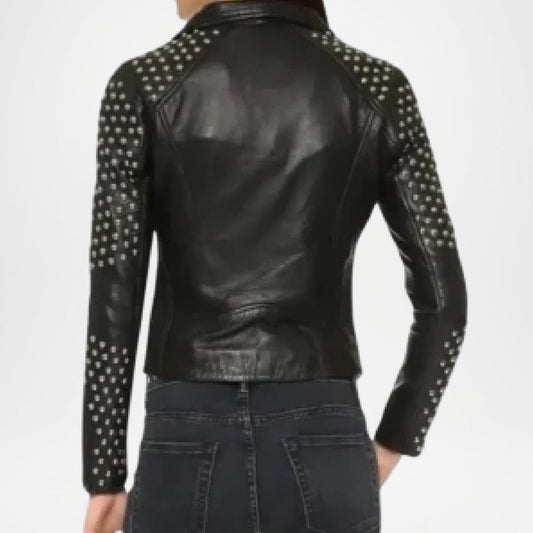 Black Leather Biker Jacket Studded Rebel Moto Style