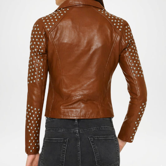 womens brown biker leather jacket studded