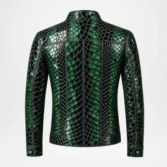 A men's long-sleeve leather jacket with a glossy green and black python or alligator print, shown from the back against a light gray background.