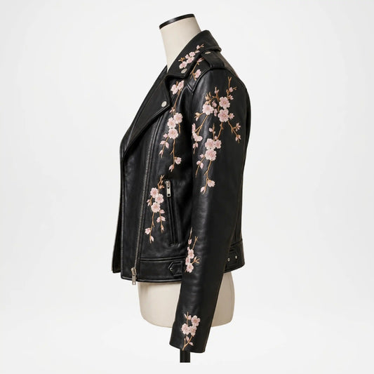 Floral Leather Biker Jacket for Women
