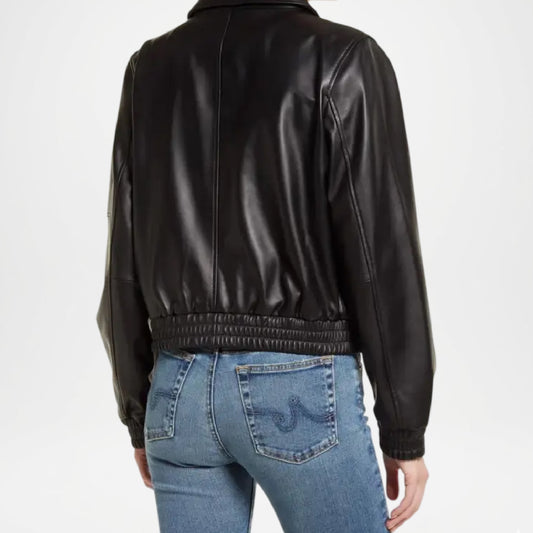Women’s Black Leather Bomber Jacket Utility Street Outerwear