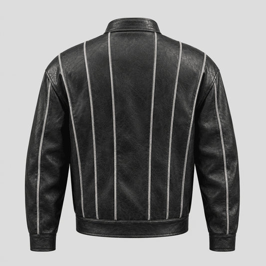 Black leather jacket with vertical silver metallic stripes on the back, shown from the rear against a light gray background.