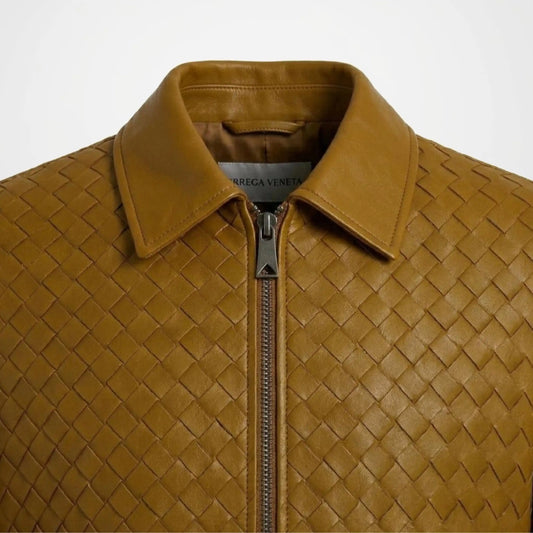 Men's Woven Leather Bomber Jacket | Tan Brown Genuine Leather