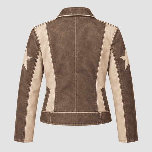 A women's biker jacket shown from the back, featuring a brown and beige color-blocked design with star patches on the upper sleeves.