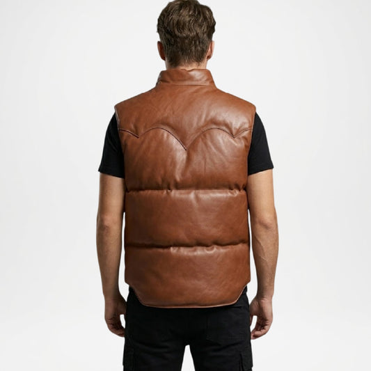 Man wearing a brown leather vest on a white background