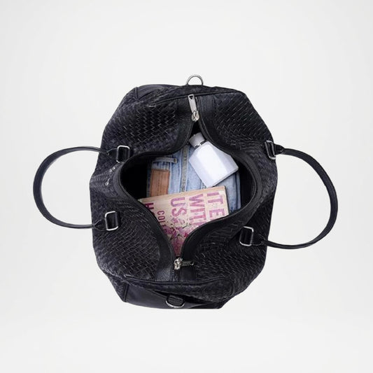 Cowhide Leather Duffle Bag Black Braided Travel Bag