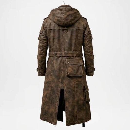 Vintage Trench Coat for Men | Distressed Leather Long Coat