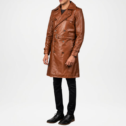 Man wearing a brown leather trench coat on a white background