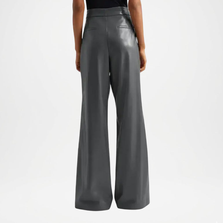 Women’s Grey Leather Flare Trousers for Trendy Street Style Look