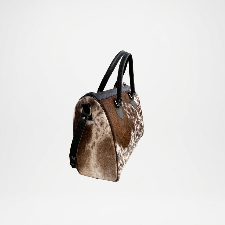 Handcrafted Brown White Cowhide Tote Bag – Unique Natural Leather Tote