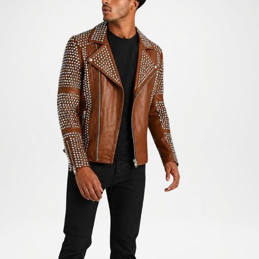 brown biker studded jacket men