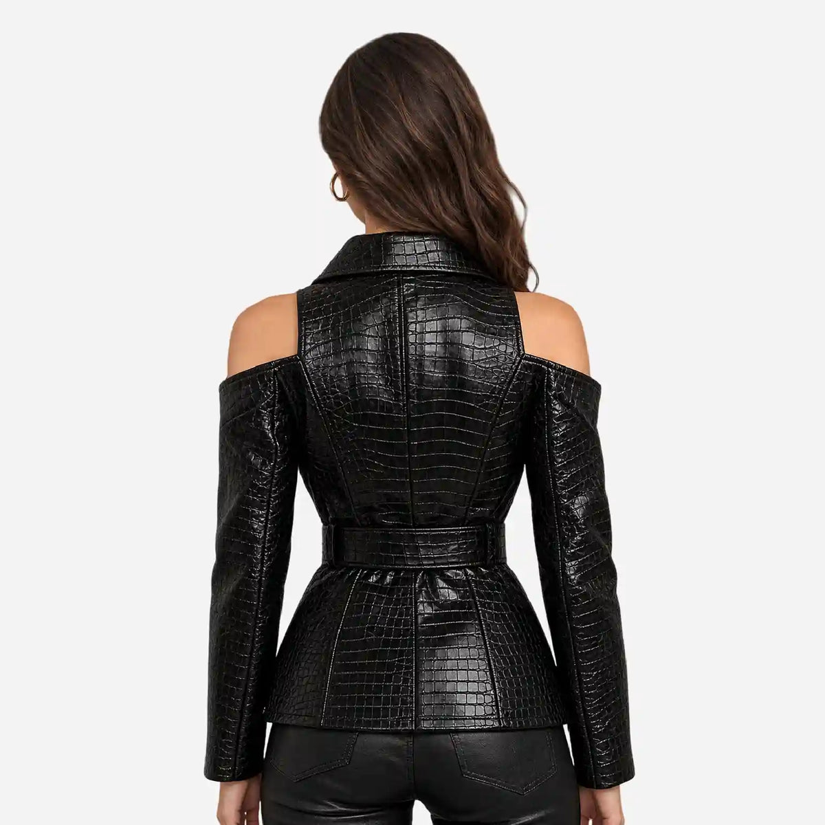 Belted Croc Black Leather Blazer Women