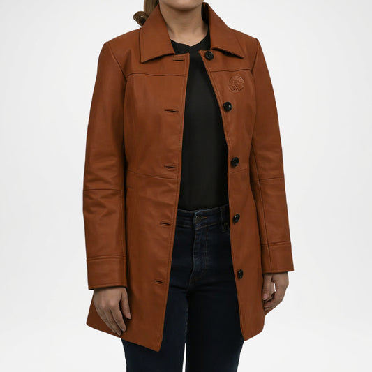 Brown Lambskin Leather Car Coat for Women
