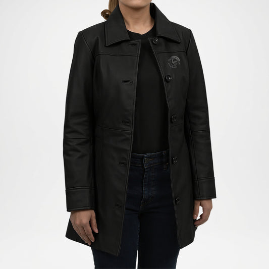 Black Lambskin Leather Car Coat for Women