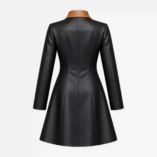 A black faux leather long-sleeve coat displayed on a mannequin torso, showing the back view with a structured, flared silhouette against a light gray background.
