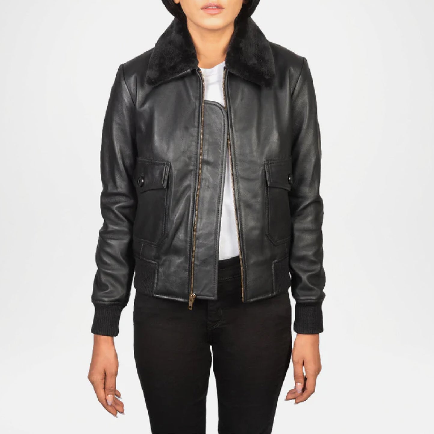 black leather bomber jacket women outfit