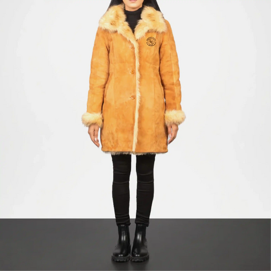 wearing a long brown fur coat with a white background