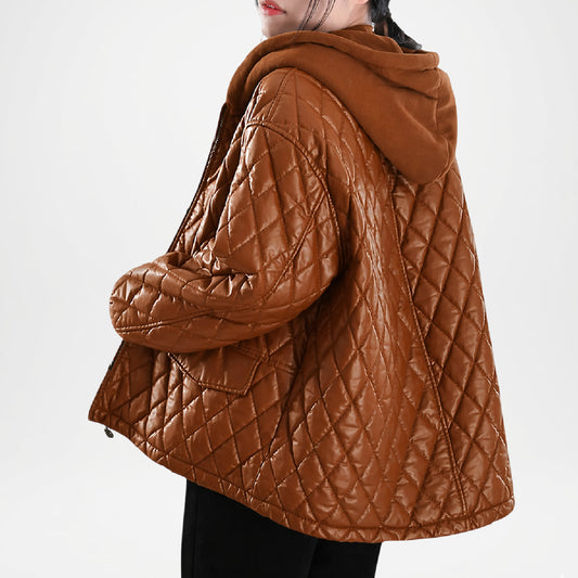Brown quilted jacket oversize worn by a person