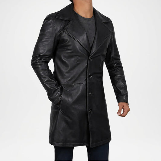 vintage black leather trench coat mens