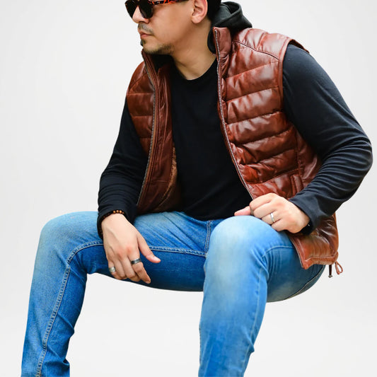 brown hooded leather vest men
