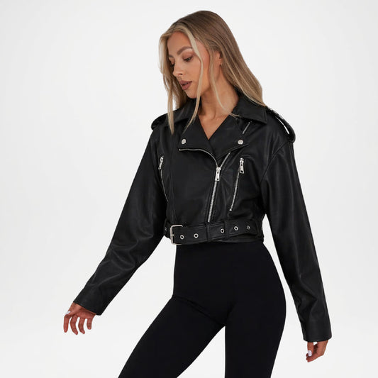 Black Cropped Leather Jacket for Women