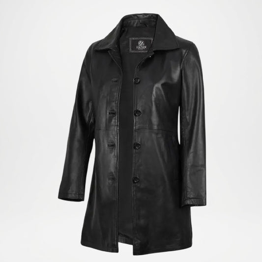Black Leather Car Coat for Women