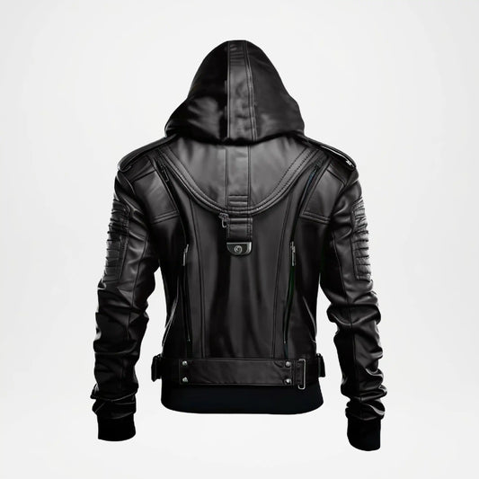 Black Hooded Mens Cowhide Leather Biker Jacket