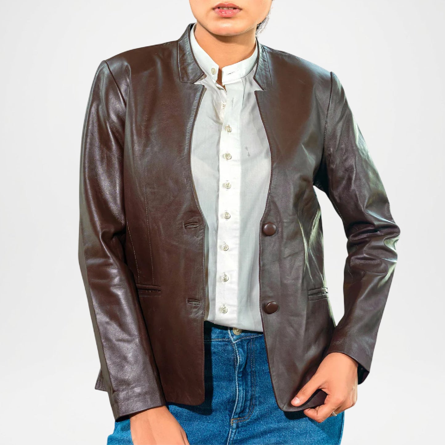 Brown Mandarin Collar Leather Coat for Women