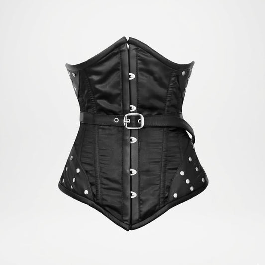 Black corset with silver buckles on a light gray background