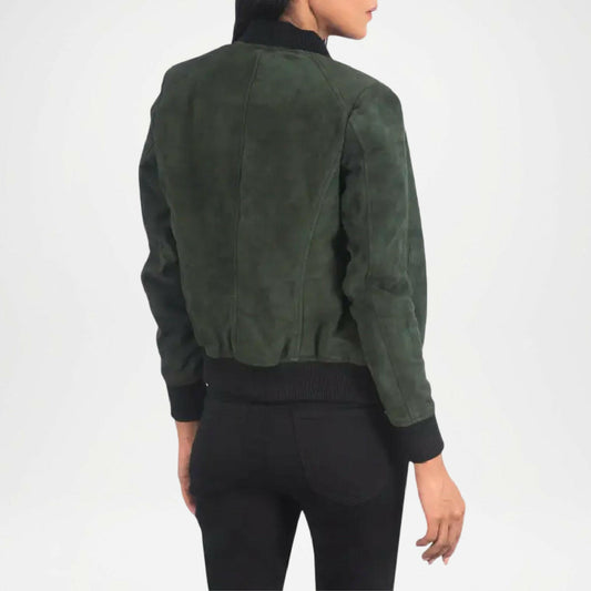 Green suede jacket worn by a person back view