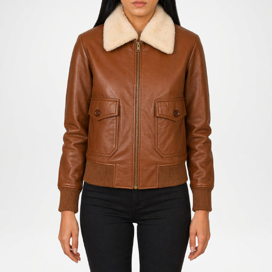 Brown leather jacket with beige fur collar