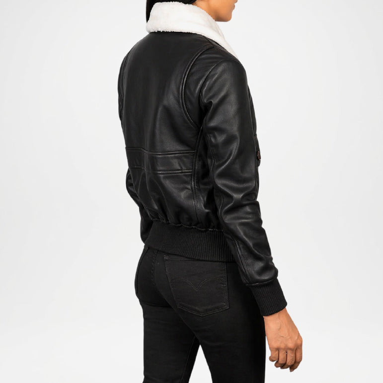 Black Leather Bomber Jacket for Women