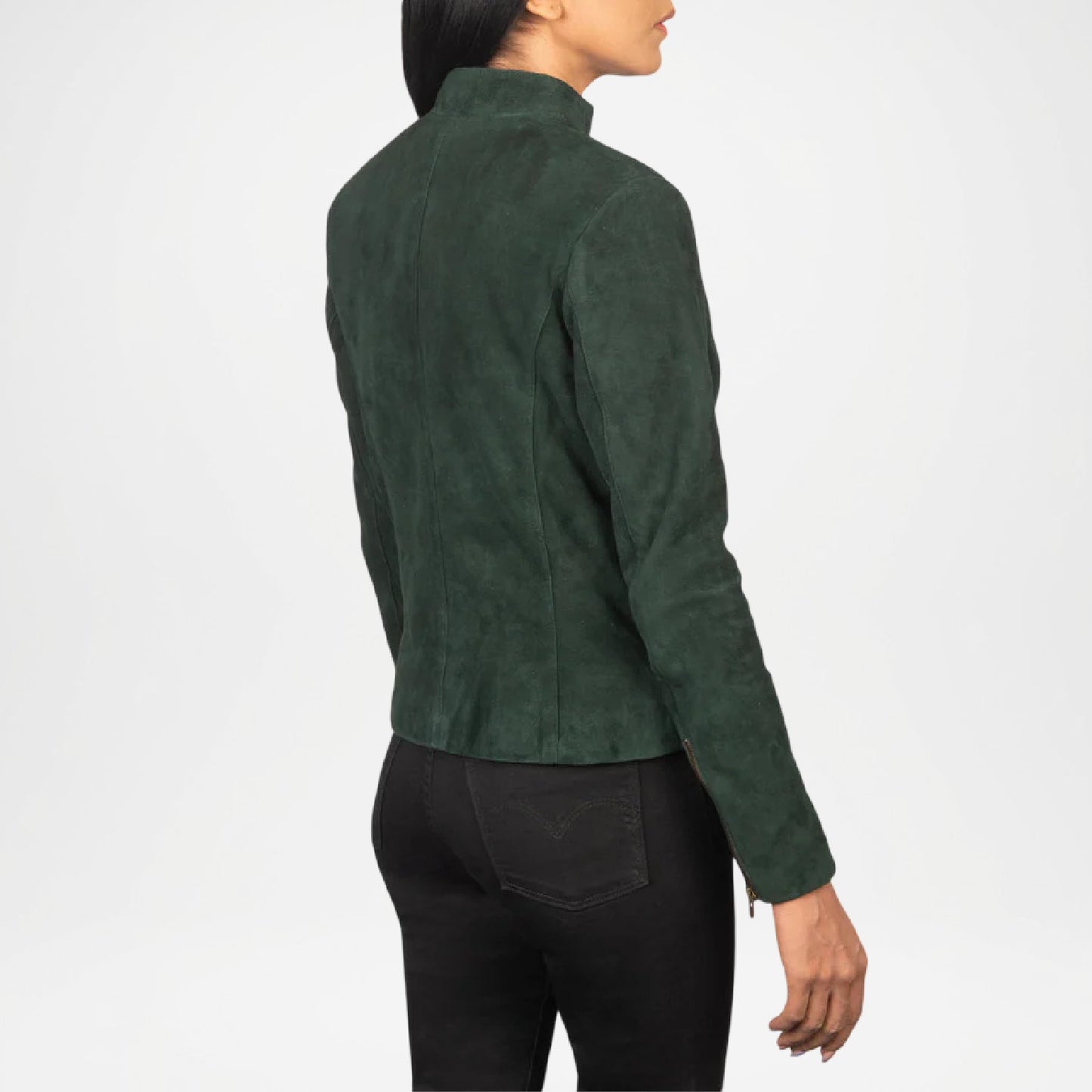 Person wearing a green jacket on a white background