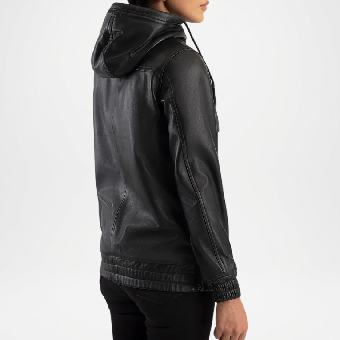 Black Hooded Leather Jacket back view