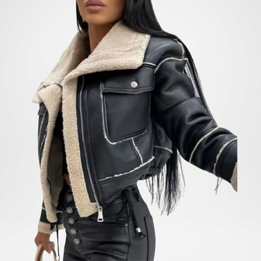 Black leather jacket with beige shearling collar